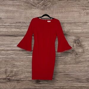 Calvin Klein Red Bell-Sleeve Dress with Embellished Cuffs